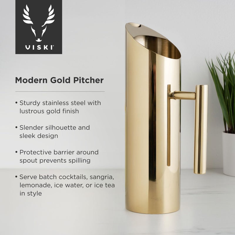 Viski Modern Stainless Steel Pitcher, Gold Plated Metal Carafe, Durable Cocktail Pitchers, Perfect for Serving at Any Party, Elegant Barware, Home Bar Accessories, 46 oz, Set of 1 - Image 2